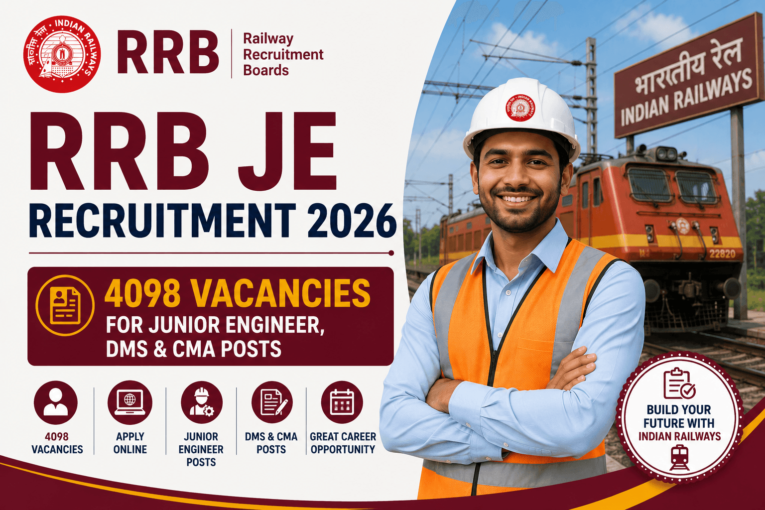 RRB JE Recruitment 2026: 4098 Vacancies for Junior Engineer, DMS & CMA Posts