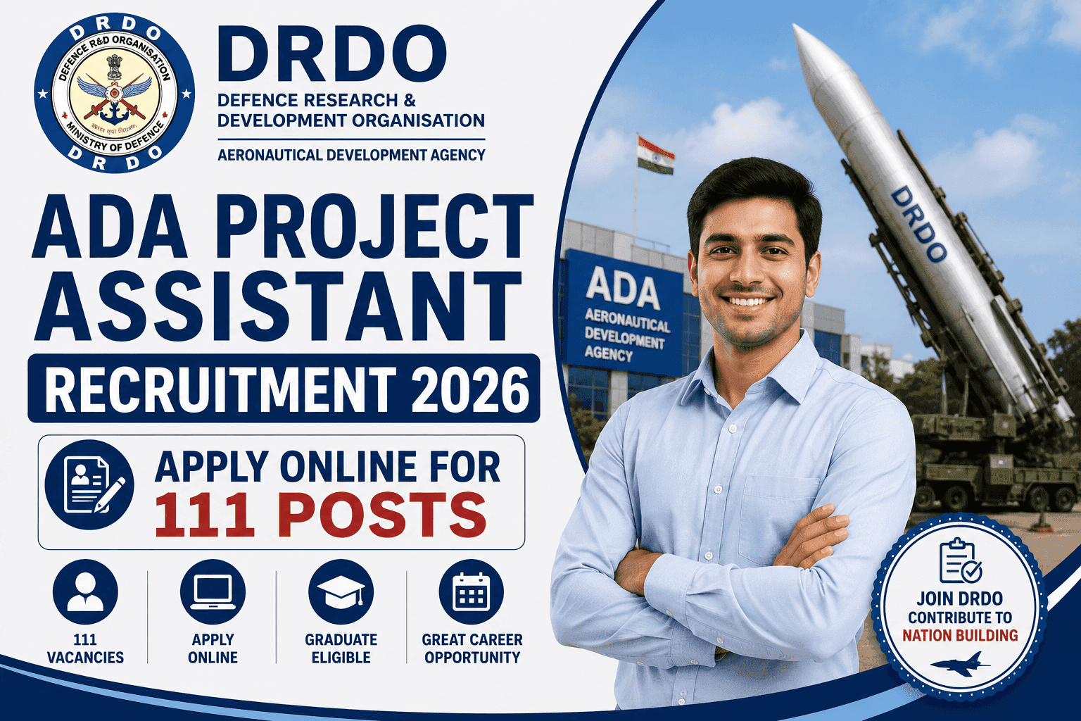 DRDO ADA Project Assistant Recruitment 2026 – Apply Online for 111 Posts