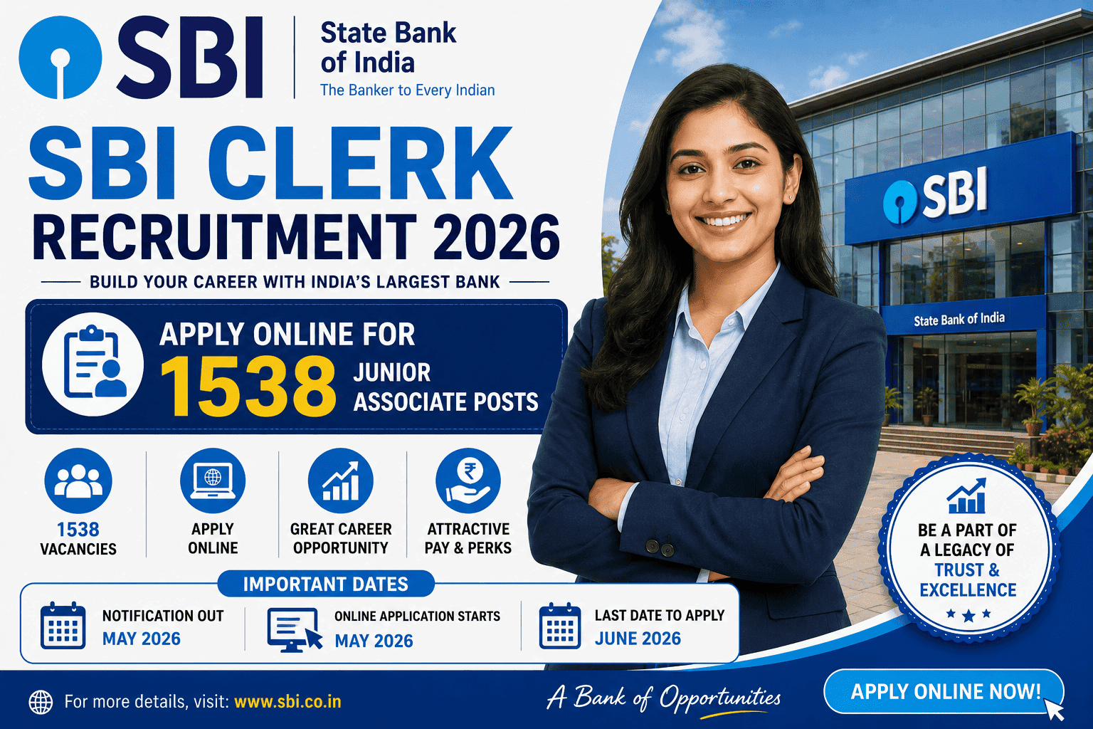 SBI Clerk Recruitment 2026 โ Apply Online for 1538 Junior Associate Posts