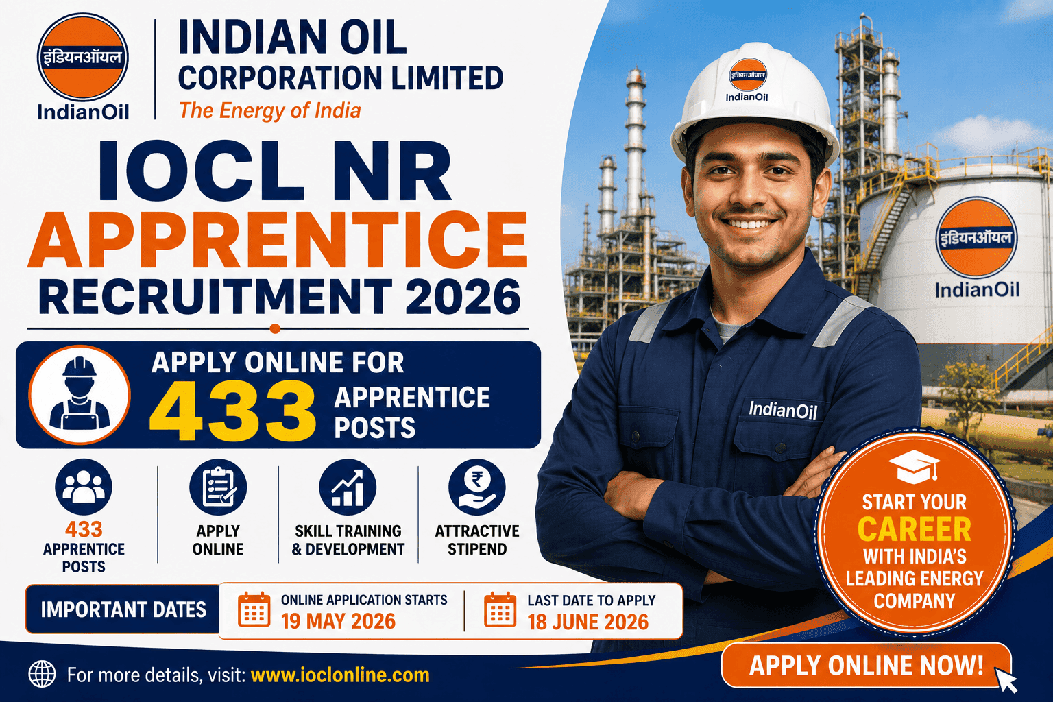 IOCL NR Recruitment Apprentice 2026 โ Apply Online for 433 Apprentice Posts