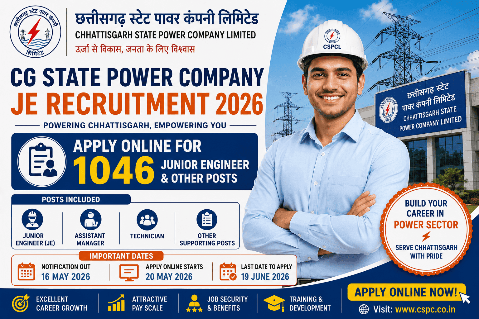 CG State Power Company JE Recruitment 2026 โ Apply Online for 1046 Junior Engineer & Other Posts