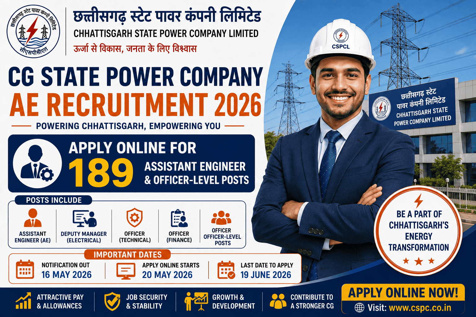 CG State Power Company AE Recruitment 2026 โ Apply Online for 189 Assistant Engineer & Officer-Level Posts