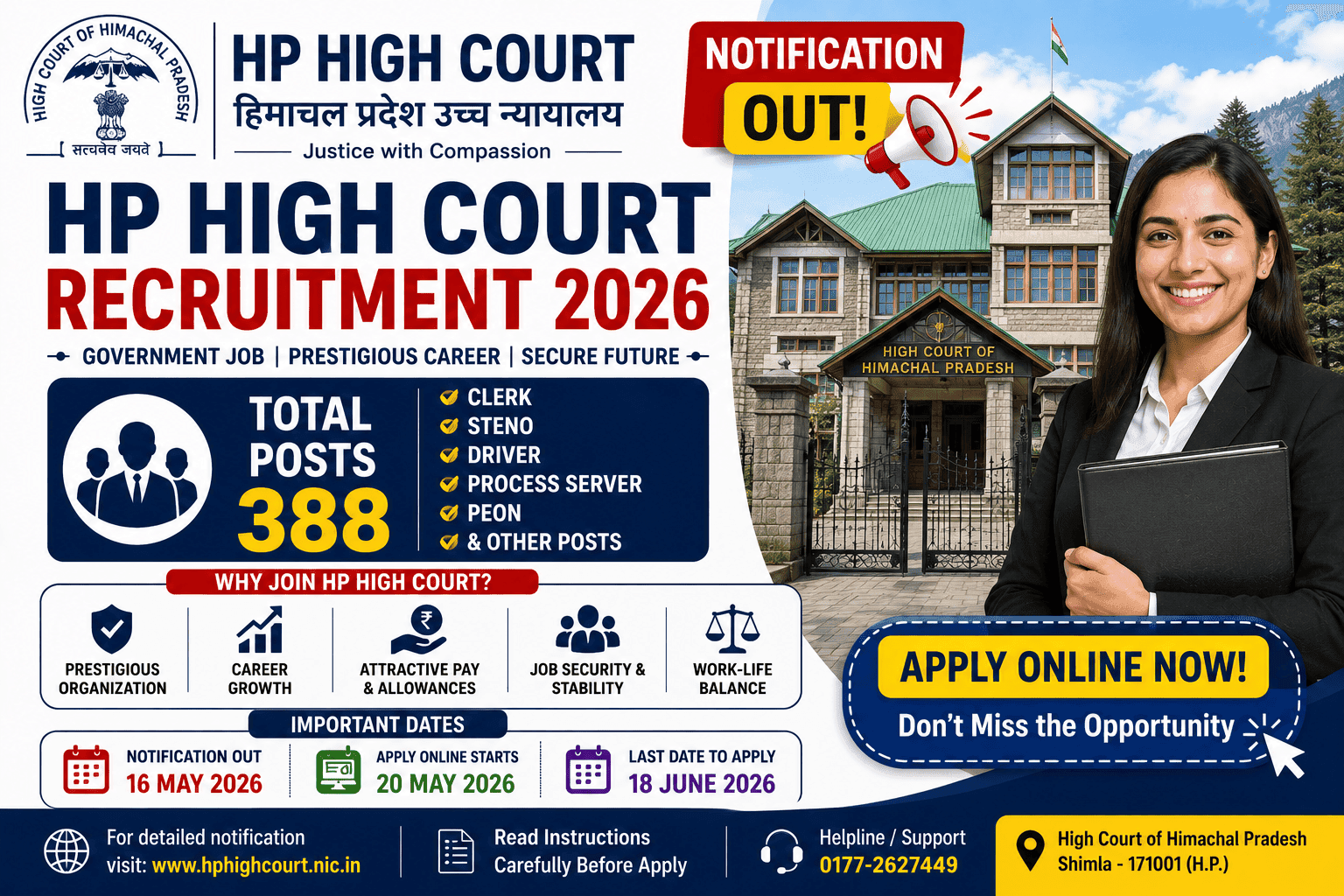 HP High Court Recruitment 2026 Notification Out for 388 Clerk, Steno, Driver, Process Server, Peon & Other Posts