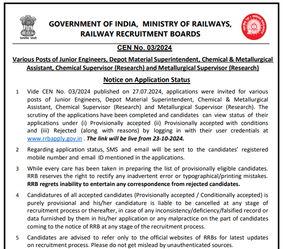 RRB JE 2024 Application Status